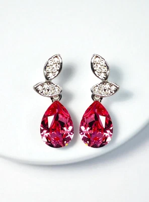 Double Leaves Pink Teardrop Swarovski Elements Crystal Earrings 18K Gold Plated - Image 1 of 4