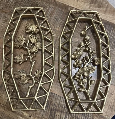 Homco 竹花墙板挂 1977 人造复古 中世纪 Syroco 2 — 第 1/4 张图片