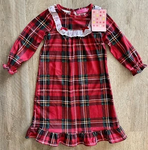 NWT Saint St Eve Long Flannel Nightgown Holiday Red Tartan Plaid Size 2T Eyelet - Picture 1 of 4