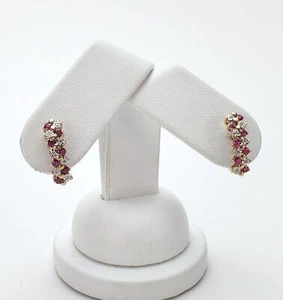 14k Yellow Gold Natural Ruby Diamond Omega Leverback Latch Back Earrings 5/8'' - Picture 1 of 6