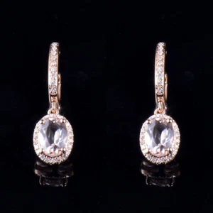 Pendientes colgantes de piedras preciosas de morganita rosa ovaladas de diamantes naturales de oro rosa sólido de 14K - Imagen 1 de 6
