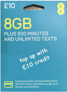 Carte SIM EE réseau pay as you go préchargée avec recharge de 10 £ -- pack officiel