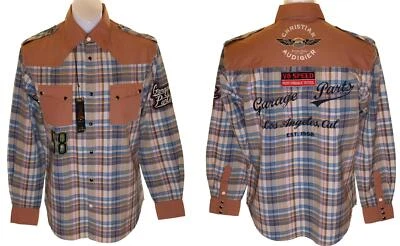 Nuevo Para hombres Christian Audigier Mangas Largas Perla Prensa Tachuelas Botón Camisa Bolsillos Foto 1 de 3