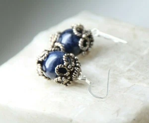 Sapphire Dark Blue Natural Gemstone 10mm Ball 925 Sterling Silver Earrings - Picture 1 of 6