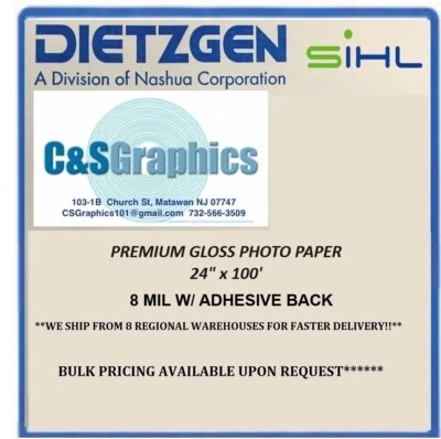 INKJET Photo Paper Roll Adhesive Back 24" x 100' 8MIL Gloss  AQUEOUS - Image 1 of 3
