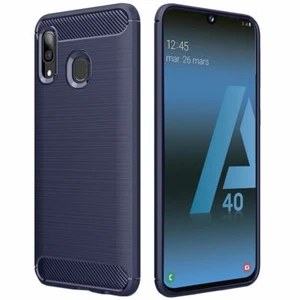 Coque pour Samsung A40 Galaxy A405F Etui Gel Motif Fibre Carbone TPU, Bleu Foncé - Photo 1 sur 4