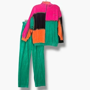 80s Velour Color Block Track Suit Jacket Vintage Oleg Cassini 2 Piece Teal Sz L - Picture 1 of 24
