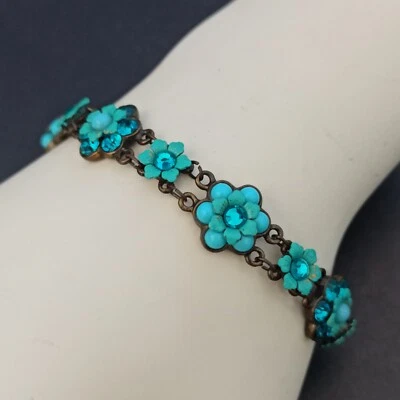 Michal Negrin Bracelet Turquoise Blue Flowers Romantic With Swarovski Crystals 8 - Image 1 of 4