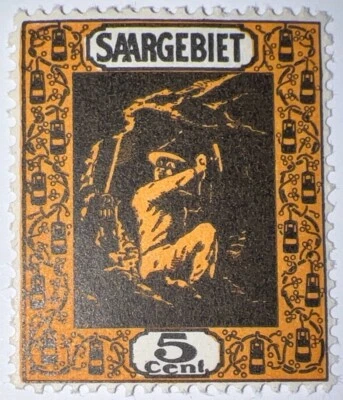 Travelstamps: 1922 GERMANY SAAR LAND  Stamps SC#100  MOGNH MINER AT WORK 5c - Image 1 of 4