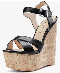 Castamere Black Platform Wedge High Heel Sandals Size 9.5 Ankle Strap New - Picture 1 of 8