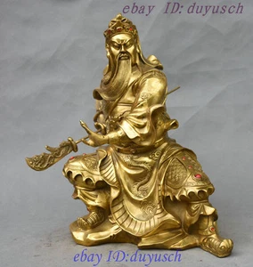 14 Zoll chinesischer Messing sitzender Stein Drachenkrieger GuanGong GuanYu Gott Schwert Statue - Bild 1 von 12
