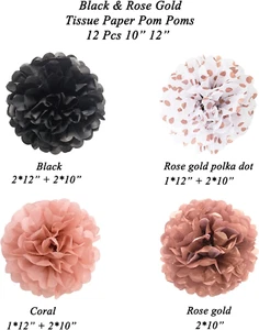 Rose Gold and Black Tissue Paper Pom Poms Party Decorations Flowers Pink Wall... - Picture 1 of 1