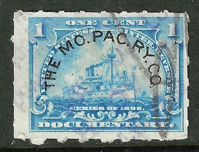 The MO PAC RY CO Railroad Cancel Battleship Revenue 1 Cent US 91B64 - Image 1 of 2