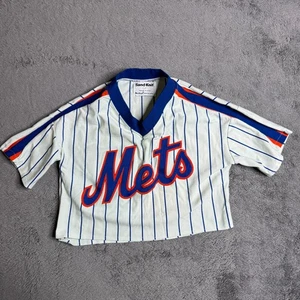 Vintage 80er Sand Strick Mets Cropped Jersey Damen Nadelstreifen Baseball Top S/M - Bild 1 von 7