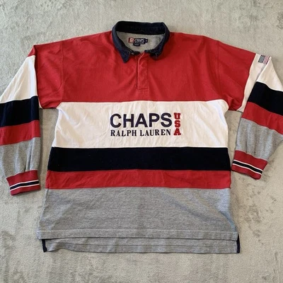 Vintage Chaps Ralph Lauren Rugby Shirt Mens XL Spellout Retro 90s Colourblock - Image 1 of 4