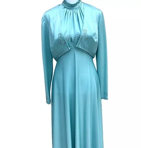 VTG Maxi Dress Sz Small With Cropped Jacket Empire Waist Mock Neck Tiffany Blue - Picture 1 of 23