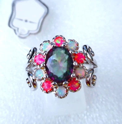 STUNNING MULTICOLOUR FIRE OPAL/MYSTIC TOPAZ RING  SIZE  "S" - Image 1 of 4