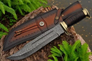 Hunting Knife | 15" Overall Stacked Leather Bowie Full Tang Damascus Steel Blade - Picture 1 of 4