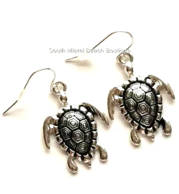 Pendientes Tortuga Marina Plata Vida Marina Náutica Playa Isla Cuelga Chapado en Rodio Foto 1 de 4