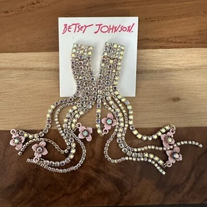 Betsey Johnson Gold Tone & Iridescent Crystal Fringe Earrings With Pink Flowers - Picture 1 of 5