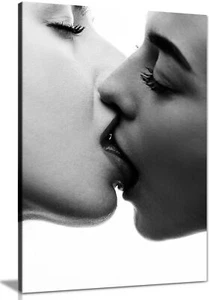 Black & White Two Woman Sensual Kiss Framed Canvas Print Wall Art Home Decor - Picture 1 of 6