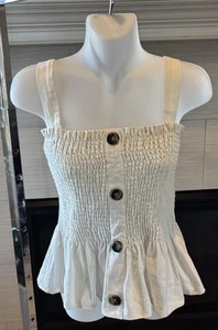 NWT Socialite Smocked Peplum Tank Ruffle Waist Stretch Top Linen Cream L - Picture 1 of 15