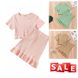 Toddler Baby Kid Girl's Ribbed Clothes Sets Short Sleeve T-Shirt+ Skirts Outfits - Picture 1 of 17