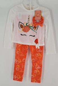 Btween Girls 3 pc Fall Unicorn Pumpkin Outfit Leggings L/S Tee Scrunchie Size 4 - Picture 1 of 2