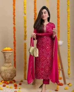 Women's Straight Bandhani PrintedCotton Kurta with Pant & Dupatta - Picture 1 of 3