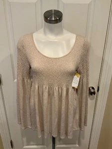 Knitted & Knotted Tan Textured Knit Baby Doll Long Sleeve Top, Size S - Picture 1 of 7