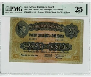 Superb Rare 1938-1942 East Africa 20 Shillings = 1 pound Nairobi in PMG 25 - Picture 1 of 2