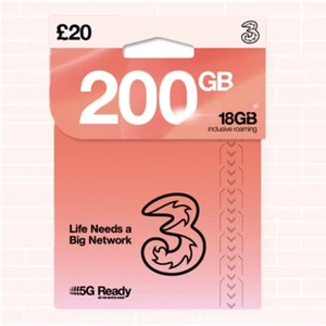 200GB Data + UNLIMITED UK Mins & Texts 5G Three Network SIM Card - NO CONTRACT - Picture 1 of 11
