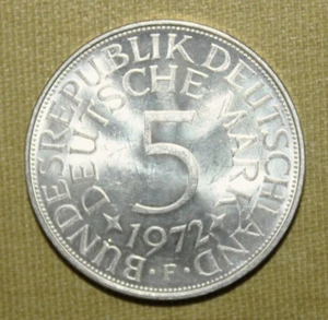 S2 - Germany 5 Mark 1972-F Brilliant Uncirculated Silver Coin - Large Eagle - Picture 1 of 2
