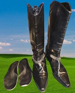 Stivali western Via Spiga Italia donna tg 10 alti pelle nera bordo catena argento - Foto 1 di 18