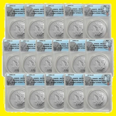 1878-1893 MORGAN CC DÓLAR DE PLATA ANACS MS 70 PRIMER GOLPE 16 MONEDAS FIJI CAJA CERTIFICADO DE AUTENTICIDAD Foto 1 de 4