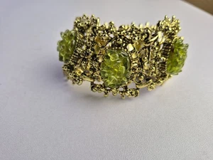 Goldfarbenes geschliffenes grünes Glas Panel Gliederarmband Modeschmuck filigran  - Bild 1 von 16