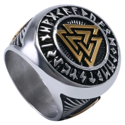 Anillo para hombre nórdico vikingo valknut runa letra círculo acero inoxidable talla 7-12 Foto 1 de 4