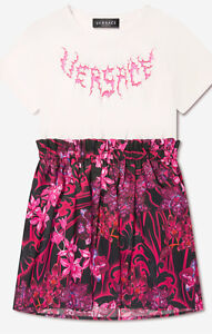 Neuf avec étiquettes robe fleur jeune Versace enfants 14 filles logo blanc rose blanc 575 $