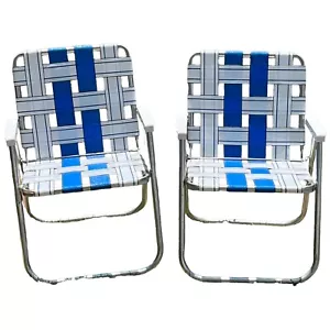 2 Aluminum Webbed Folding Lawn Chairs Blue & White with White Armrests - Picture 1 of 9