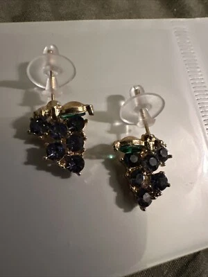 Purple Cluster Grapes With Green Leaves Stainless Steel Needle Dangle Earrings - Image 1 of 4