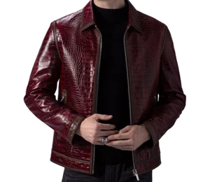 Men's Leather Jacket Burgundy Crocodile Pattern Real Luxury Leather Jacket - Picture 1 of 6