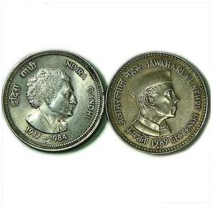 INDIRA & NEHRU 5 RUPEE BIG SIZE COPPERNICKEL COINS - REPUBLIC INDIA 2 COINS - Picture 1 of 2