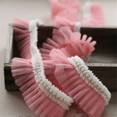Lace Bead Ruffles Pleated Mesh Edging DIY Faux Pearl Bead Trimming Frill Sewing - Image 1 of 4