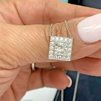 Tiffany & Co Diamond Princess Solitaire Pendant Necklace 1.36 Tcw Platinum Cert. - Image 1 of 4