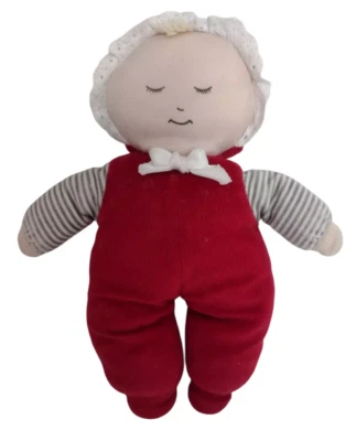 Plush 9" Soft Cloth Baby Doll Closed Eyes Cranberry Red Blonde Bonnet VTG Velour - Image 1 of 4