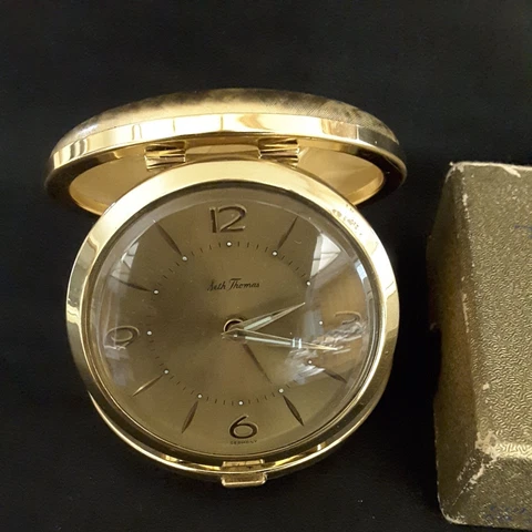 Vintage Seth Thomas Round Travel Gold Tone Alarm Clock with Original Box Cover