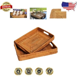 Handcrafted Rectangular Rattan Trays Set of 2 - Lightweight & Elegant Design - Picture 1 of 11