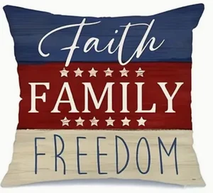 1pc Linen Blend Pillow Cover,  Faith, Family, Freedom Design, Red, White & Blue  - Picture 1 of 3