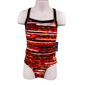 NEW Speedo Youth One Piece Vibrant Orange Stripe Swimsuit Size 6/22 - Picture 1 of 16