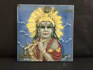 OLD VINTAGE RARE HANDMADE DECORATIVE HINDU GOD LORD KRISHNA CERAMIC TILE, JAPAN - Picture 1 of 11
